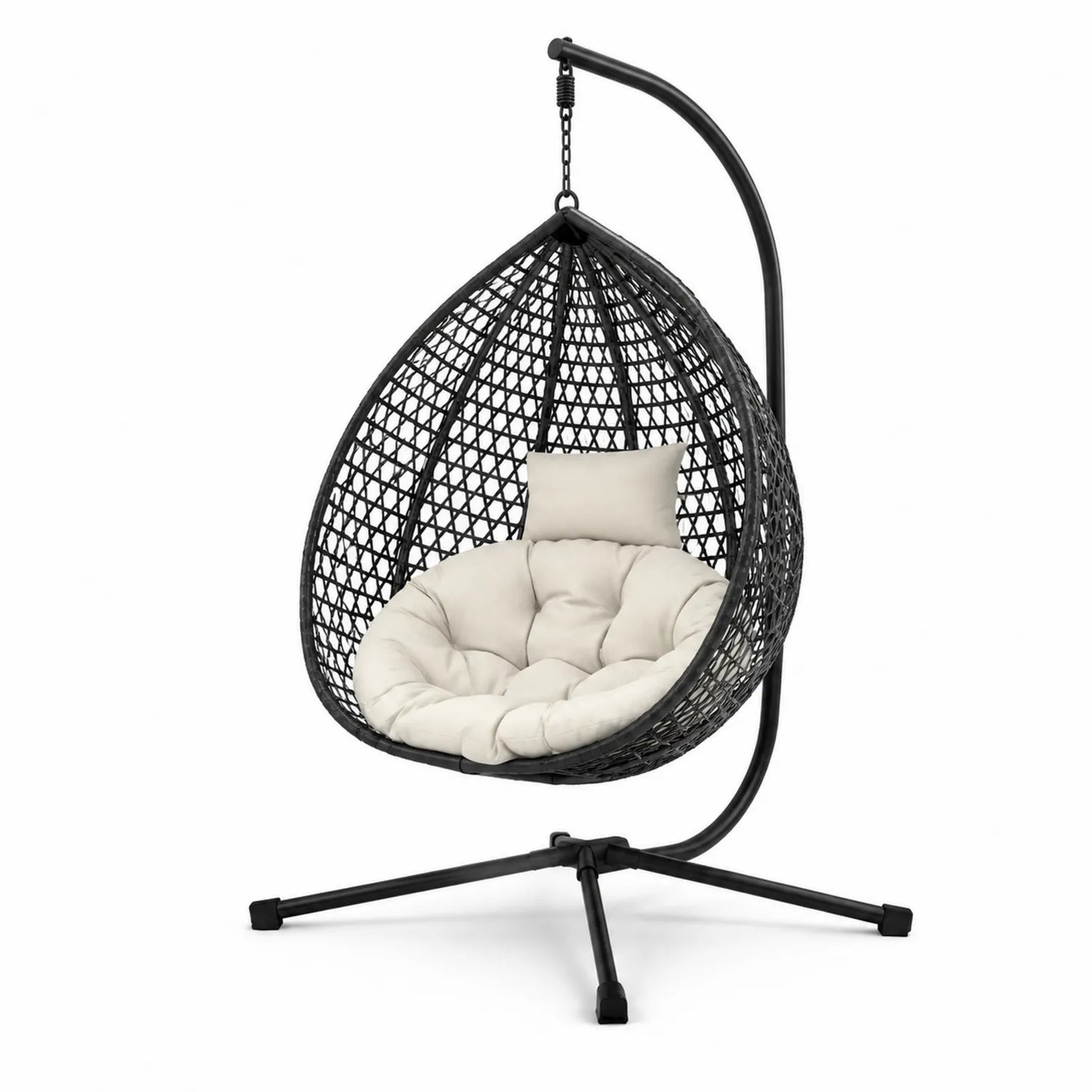 Chaise Suspendue en Résine Tressée Noire avec Coussin Beige