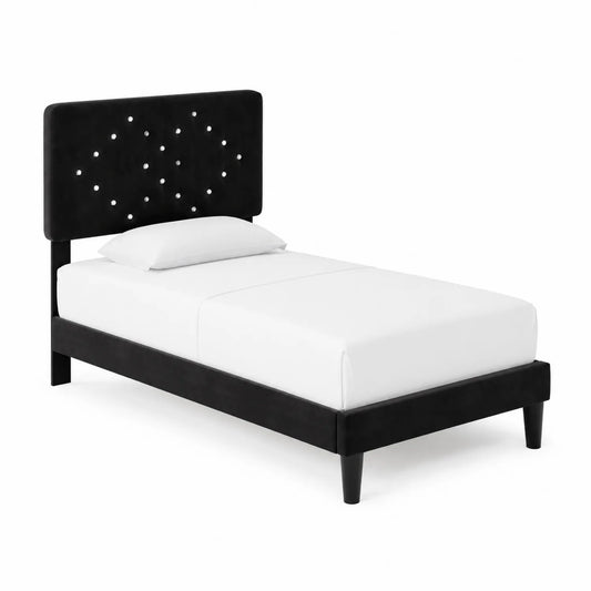 Lit simple en velours noir avec tête de lit en strass