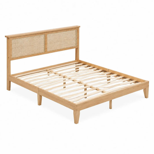 Cadre de lit double en bois de chêne et rotin 160x200 cm