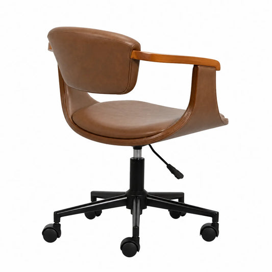 Chaise de bureau pivotante en cuir synthétique marron avec accoudoirs en bois