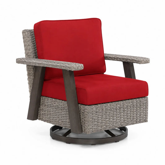 Fauteuil pivotant extérieur en rotin avec coussins rouges