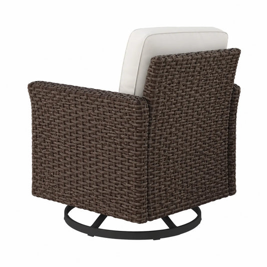 Fauteuil pivotant extérieur en résine tressée marron avec coussin blanc