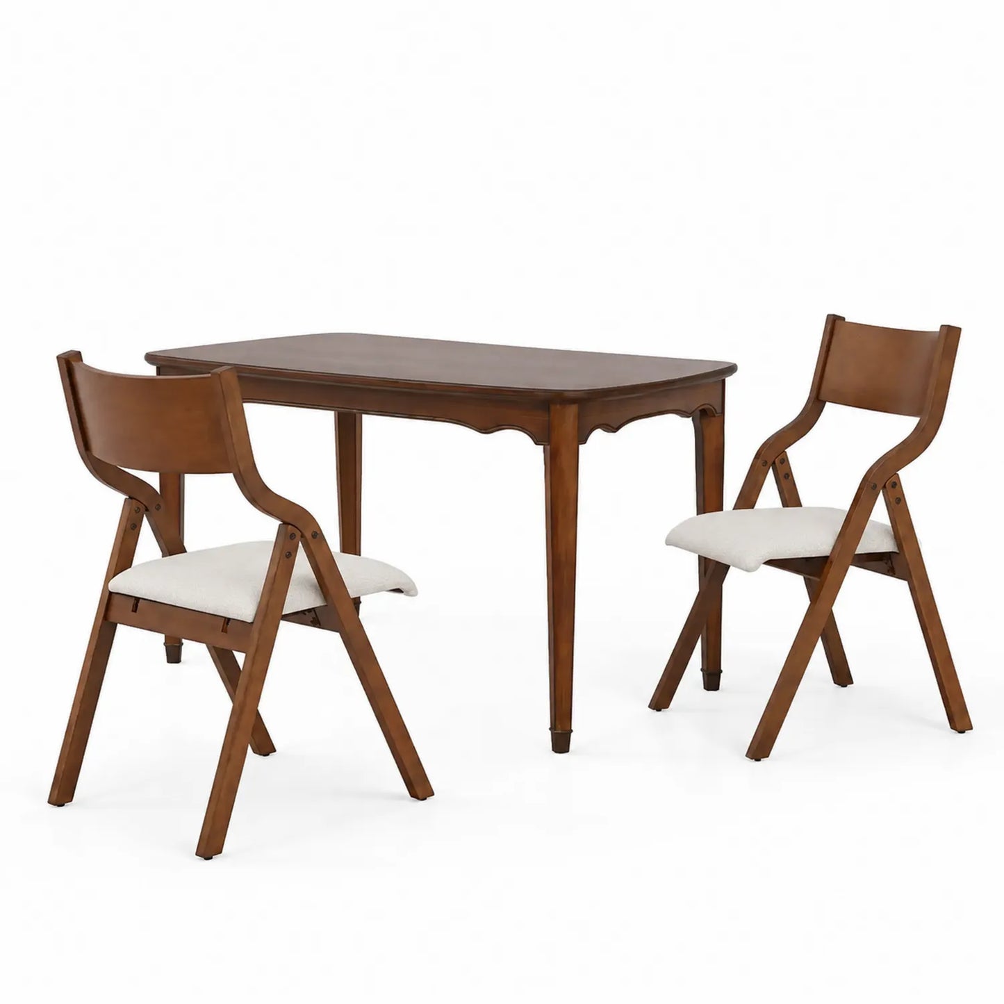 Ensemble de Table et Chaises en Bois Marron avec Assises en Tissu Beige