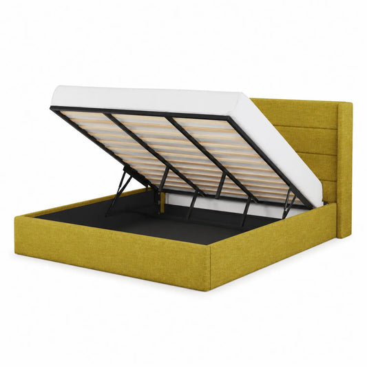 Lit Double en Tissu Jaune avec Coffre 160x200 cm