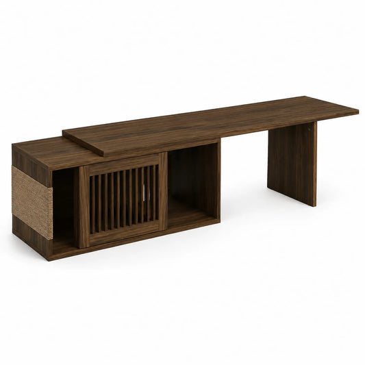 Meuble TV en bois avec rangements intégrés et détails en corde