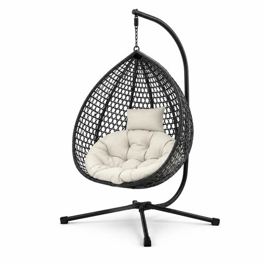 Chaise Suspendue en Résine Tressée Noire avec Coussin Beige