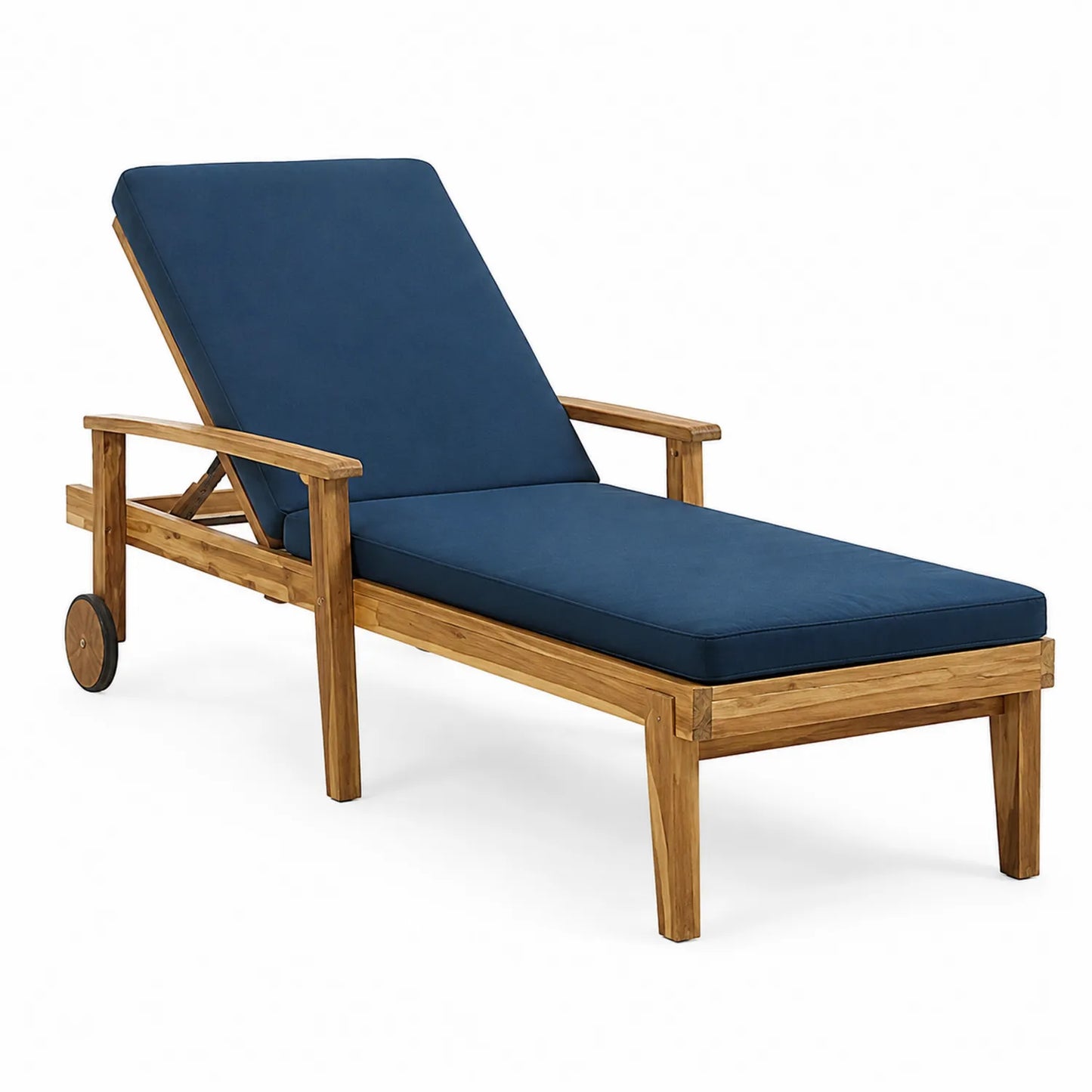 Chaise longue en teck avec coussin bleu