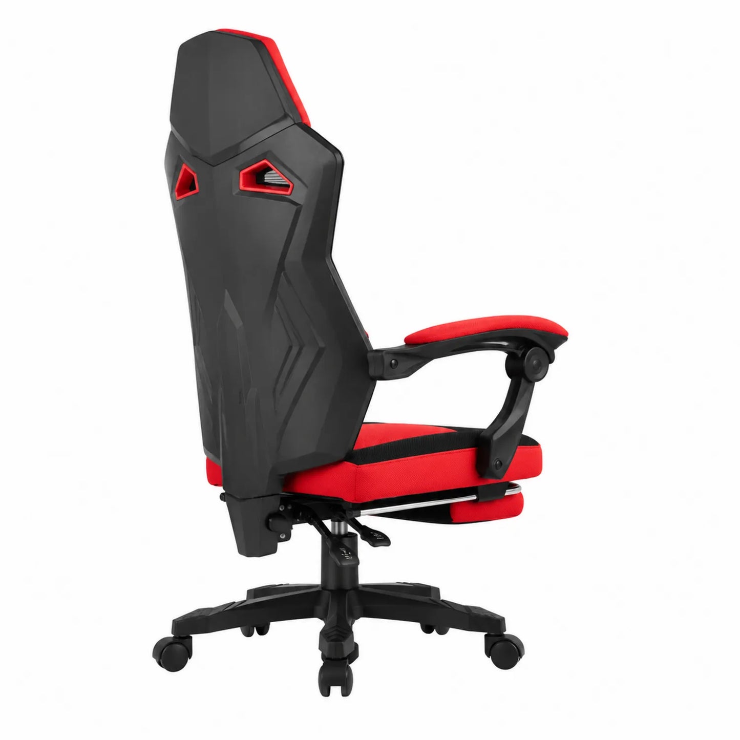 Chaise de bureau en plastique et polyester rouge et noir avec repose-pieds réglable